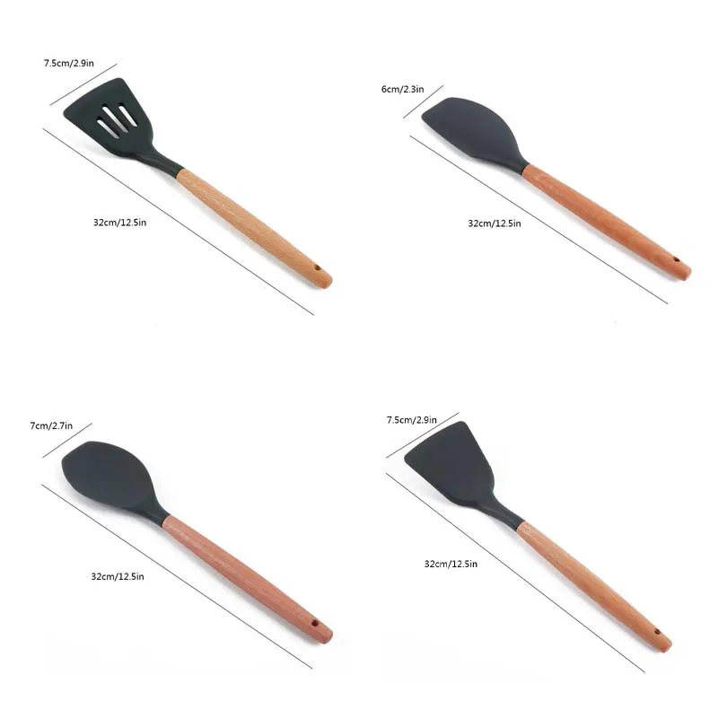 Silicone Kitchen Utensils Gadgets Wood handle Cooking Tools Kitchenware Set Spatula Shovel Spoon Home Kitchen Tools