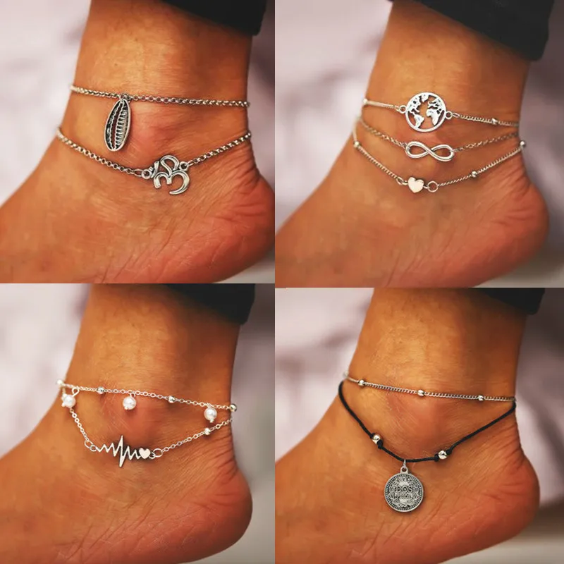 

DIEZI Bohemian Vintage Multilayer Map Heart Charm Chain Anklets Silver Color Link Anklet Bracelets for Women Beach Jewelry