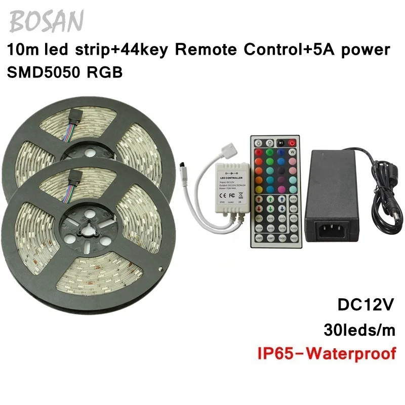 

10M 5050 RGB Led Strip Ip65 waterproof 30Leds/m Flexible Light DC12V Home Decoration Lighting+44 Keys RGB IR Remore Controller