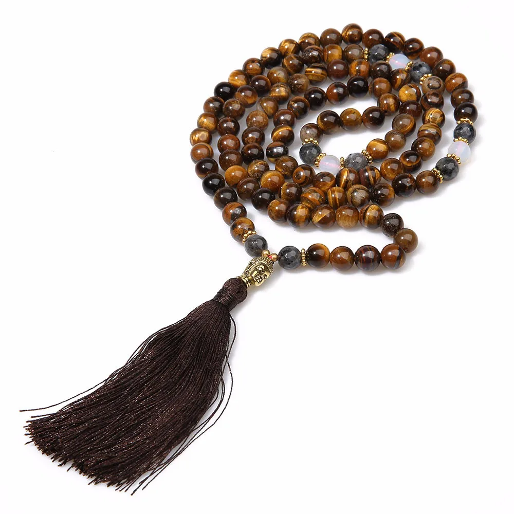 

New Style 108 Mala Yoga Meditation Necklace Natural Tiger Eye Stone Beads Black Tassel Women Sweater Chain Accessories Wholesale
