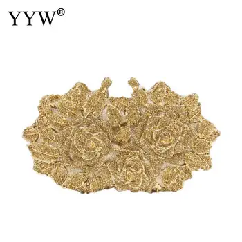 

Dazzling Women Gold Rose Flower Hollow Out Crystal Evening Metal Clutches Small Minaudiere Handbag Purse Wedding Box Clutch Bag