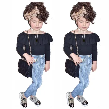 

Roimyal Wholesale 2019 New girls fashion clothing sets toddler kids Long Sleeve Black Shoulder Top + Jeans pants 2-piece suits
