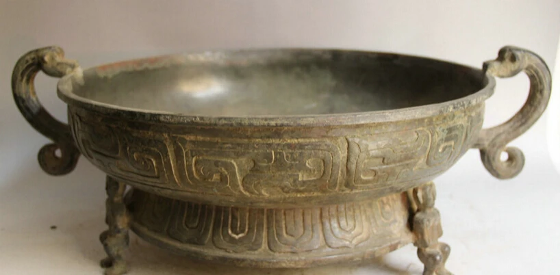 

Elegant old S2054 22" Old Chinese Bronze 3 Foot people Beast handle vessel kettle dish Pot boiler statue