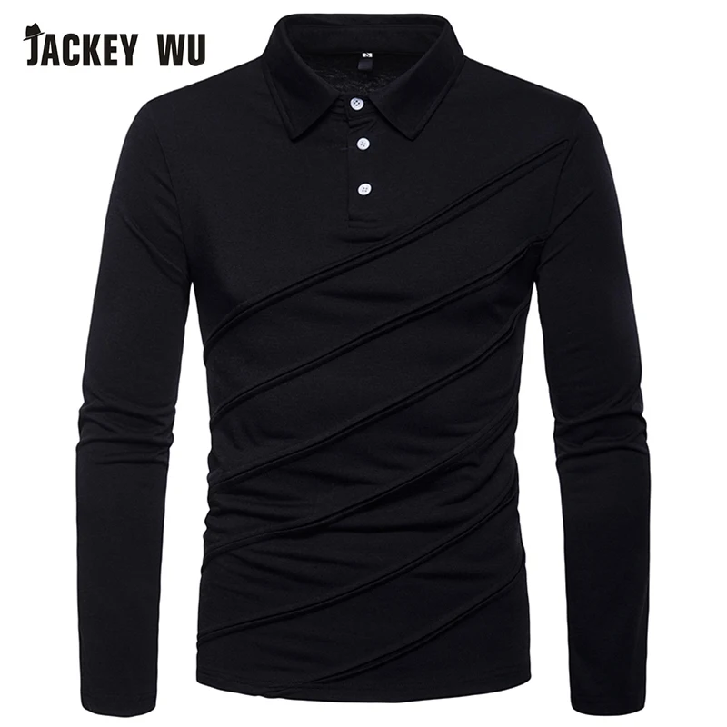 JACKEYWU, мужская рубашка поло,, модная, однотонная, с длинным рукавом, хлопковая, дышащая, тонкая, мужская, поло, черная, повседневная, Camisa Polo