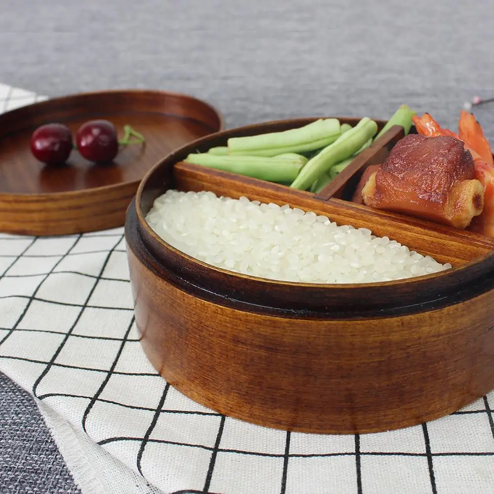 

2019 New Coming Japanese Lunch Box Natural Wooden Box Round Three Grid Wood Bento Box Student Package Box Sushi Case