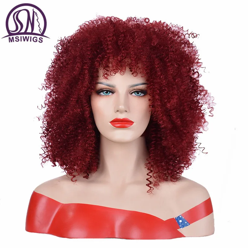 MSIWIGS Brown Synthetic Curly Wigs for Women Red Black Short Wig with Bangs Grey Hair Heat Resistant