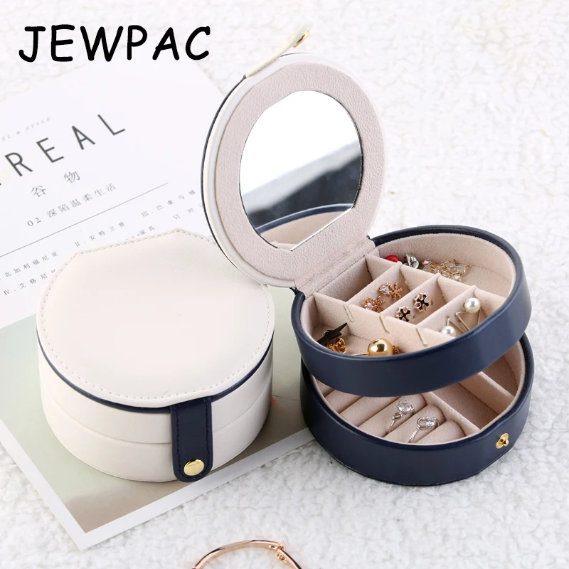 JEWPAC маленький модная кожаная фланелевая круглая шкатулка для украшений 2 слоя органайзер для макияжа кольцо ожерелье коробка для хранения