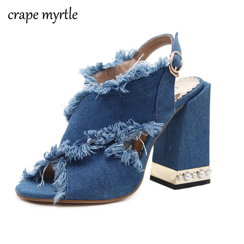 denim high heel sandals