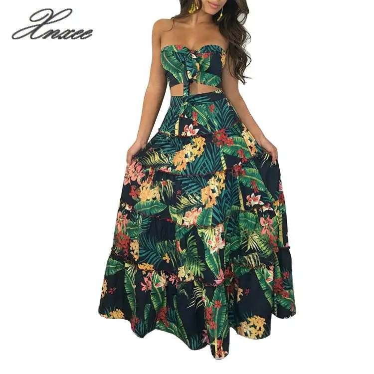 

Women Vacation Beach Skirt Suits Female Sexy Strapless Crop Top+Maxi Skirt Sets Women Print Casual 2PCS Two Pieces Sets