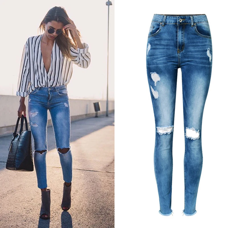Женские джинсы с высокой талией, женские джинсовые брюки с кисточками, узкие джинсы для женщин, женские рваные джинсы