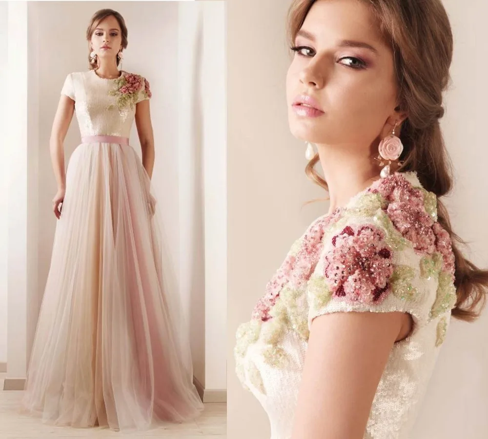 

Vintage Embroidery Flower Tulle Long Evening Gowns Pink Cap Sleeved Evening Dress With Short Sleeves Party Dress