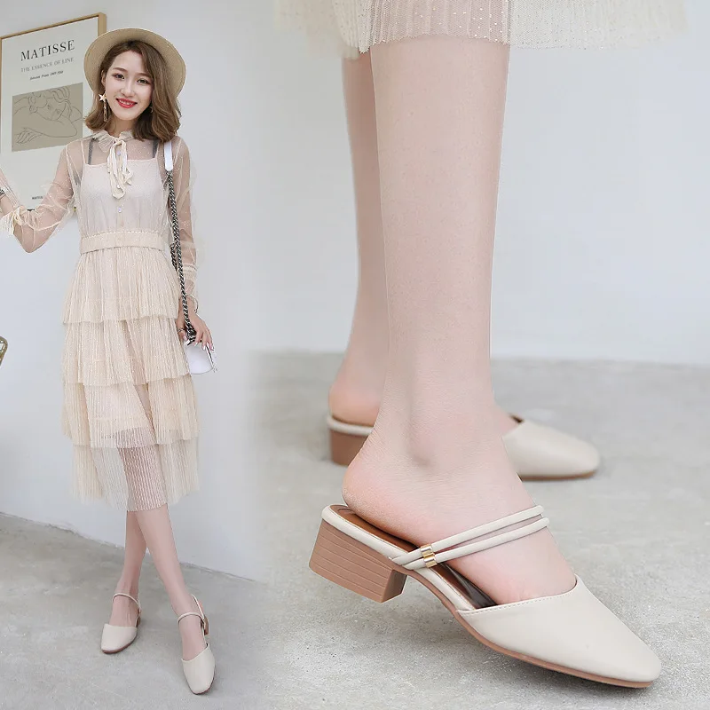 

two wears summer mules shoes woman double narrow ankle band slippers square toe sandals thick heel mules gladiator sandalias 248