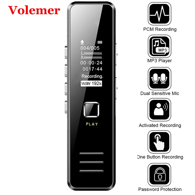 

Volemer Digital Voice Recorder Rechargeable 8Gb 192Kbps 20Hour Recording Mp3 Player Mini Voice Recorder Support 32Gb TF Card