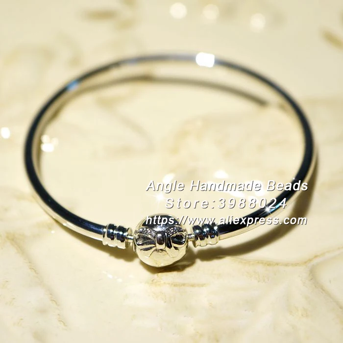 

2016 Release S925 Sterling Silver With Pink CZ Pink Ribbon Clasp Bangle Fit European Charm Beads PZ005
