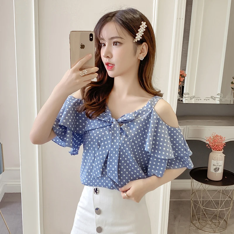

2019 New Summer Women Shirts Print Polka Dot Short Sleeve Chiffon + Can Worn Bothfore And After Blouse Shirt White 2128