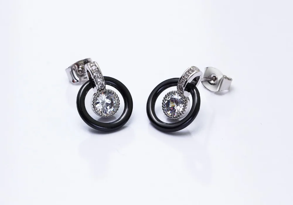 Черные керамические серьги с прозрачными камнями cz трендовые ювелирные изделия Высокое качество серьги-гвоздики круглые для женщин