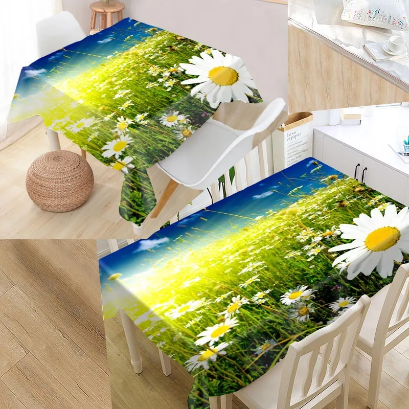

Custom Daisy Flower Table Cloth Oxford Print Rectangular Waterproof Oilproof Table Cover Square Wedding Tablecloth