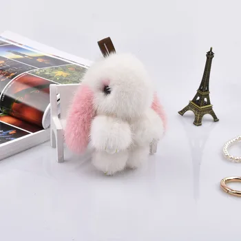 

Girl mini 10cm rabbit keychains real mink fur bunny keychain fur key chains bags bunnies trinket pompon fur hare phone pendant