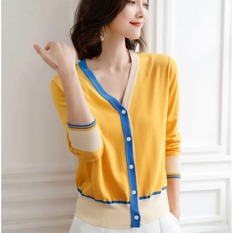 

2019 Autumn Fashion Cardigan Knitted Sweater Contrast Color Women's Long Sleeve Small Shawl Buttons Short Sweaters Jacket Female