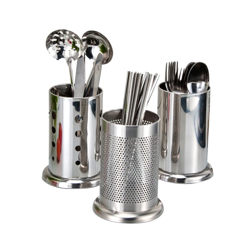

Silver Round Stainless Steel Utensil Holder Spoon Fork Holey Caddy Kitchen Flatware Knives Storage Cage Home Organizer