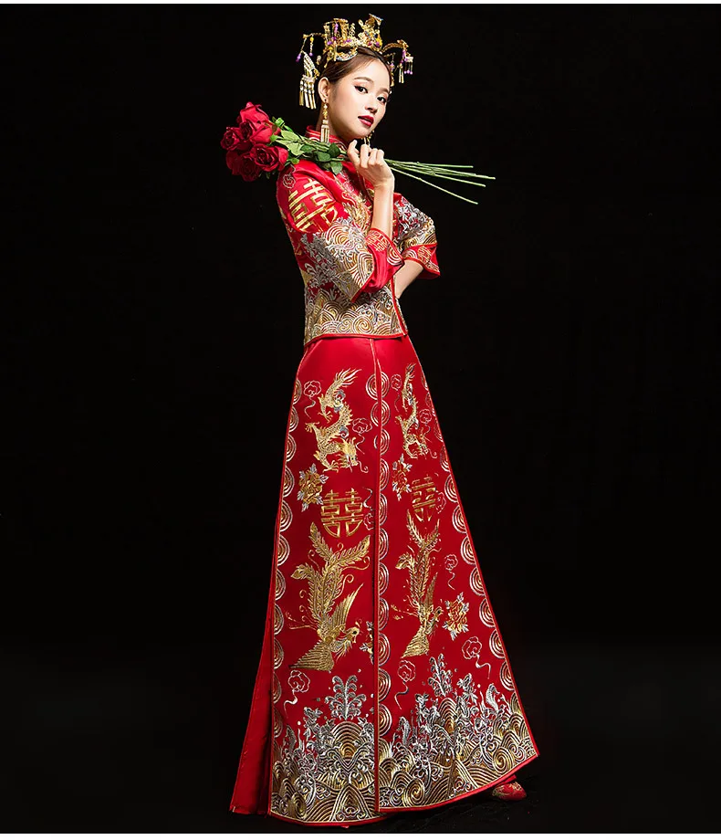 Красное Свадебное традиционное китайское платье Ципао с вышивкой, китайское вечернее платье в восточном стиле