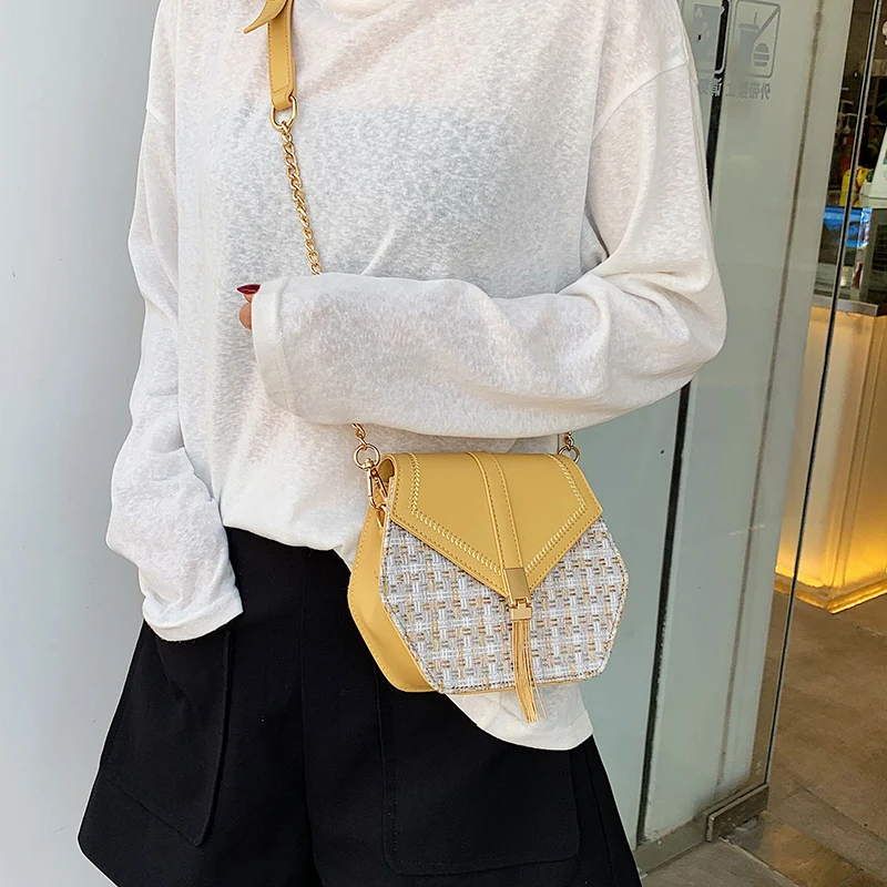 Tassel woven women bag hexagon new Chain knitting bag shoulder leather small handbag messenger designer brand ladies luxury