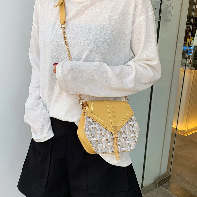 Goede Kwastje geweven vrouwen tas hexagon 2019 nieuwe Ketting breien tas schouder lederen kleine handtas messenger designer merk dames luxe