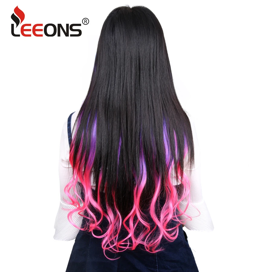 Leeons Synthetic Straight Hair Extension Clip In One Pieces Hairpieces Red Hair Ombre Fake Hair Pieces Red Pink Blue Green