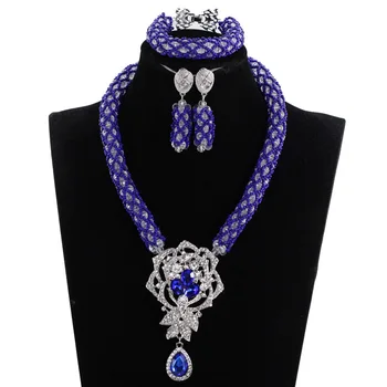 

New Royal Blue Silver African Beads Jewelry Set Choker Pendant Statement Necklace Set Birthday Party Gift Free Shipping WE078