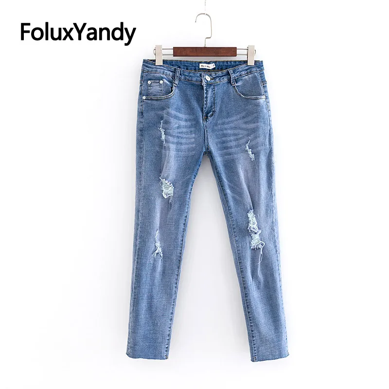 

Elastic Ripped Jeans Women Hole Trousers Slim Pencil Pants Casual Stretch Plus Size Denim Jeans Blue KKFY3227