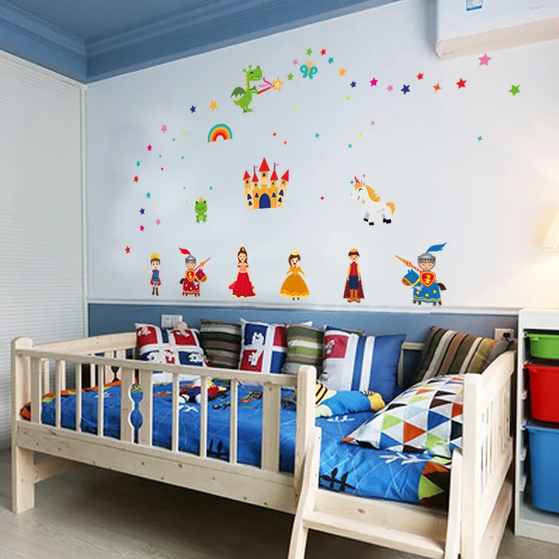 الكرتون القلعة الأمير الأميرة ملصقات جدار التنين يونيكورن ستار الديكور الطفل غرفة الأميرة غرفة خزانة ديكور PVC الشارات