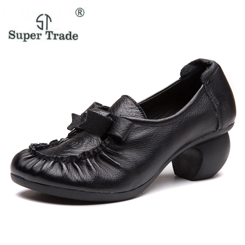 

ST SUPER TRADE Spring Genuine Leather Women Square Heels Flats Shoes Chaussures Femme Fashion Butterfly Knot Woman Shoes