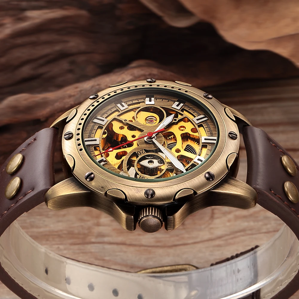 Mechanical Watch Retro Bronze Skeleton Mechanical Watch Men Automatic Watches Sport Luxury Leather Watch
