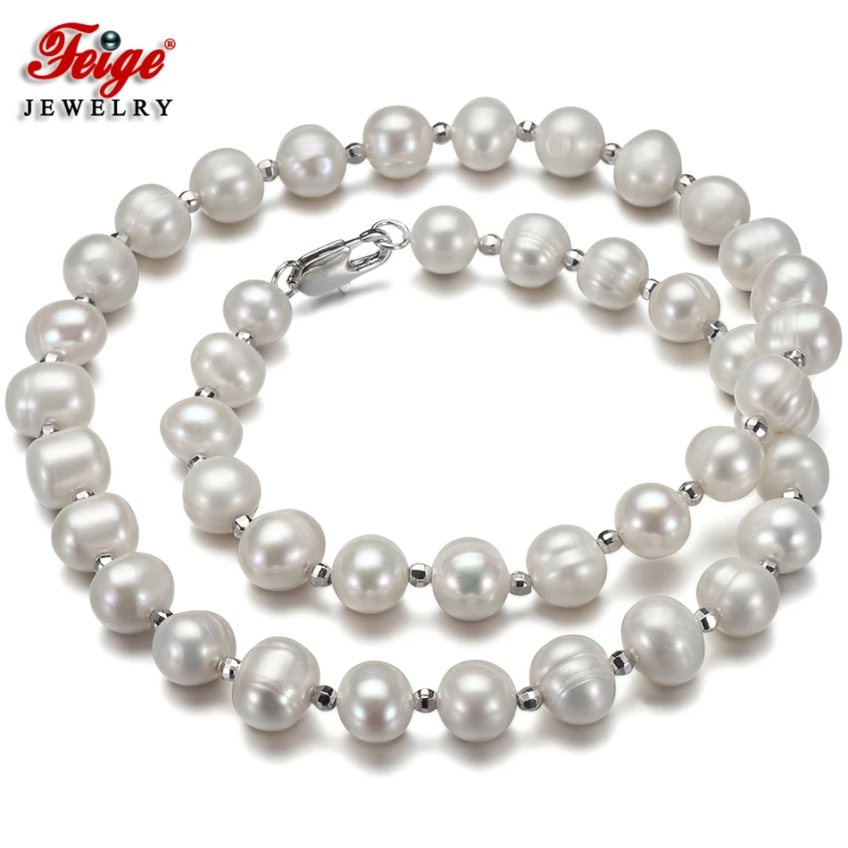 Feige Special offer Genuine Potato shape 8-9MM White Natural Freshwater Pearl Necklace for Women's New design Perla Gargantilla |