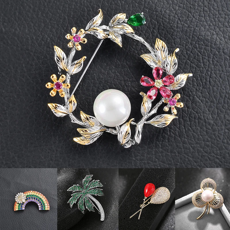 

High-end rainbow flower brooch wreath balloon coconut tree elegant beautiful collar needle enamel pin card luxury birthday gift