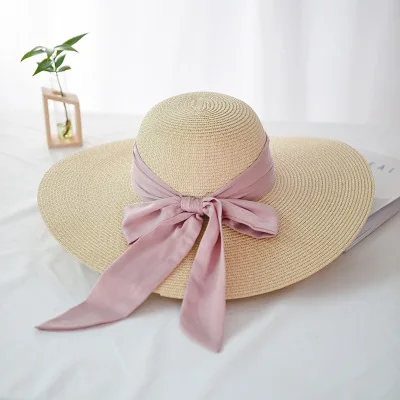 beige Модная соломенная шляпа для Для женщин летние Повседневное широкий с полями, солнце Кепки с бантом для девочек, с бантом; праздничная одежда; одежда на пляж Шапки большой козырек флоппи-Chapeau - Цвет: beige