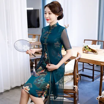 

Plus Size 3XL 4XL Chinese Traitional Style Women Rayon Pirnt Qipao Elegant Slim Dress Short Sleeve Stage Show Cheongsam
