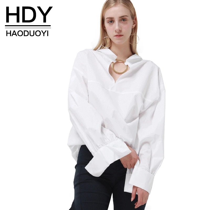 

HDY Haoduoyi 2019 Fashion Shirt Women Casual Loose Full Sleeve Sequined Hollow Out Tops Brief Solid White Split Summer Blouse
