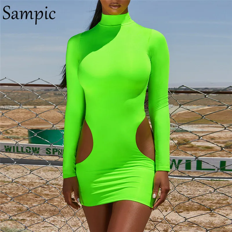 

Sampic Sexy Bodycon Women Dress Long Sleeve Turtle Neck Party Club Dresses Hollow Out Black Neon Pink Summer Mini Dress Autumn