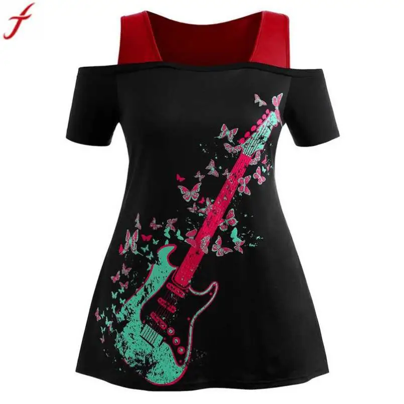 

Women XL-5XL Plus Size Cold Shoulder T Shirt Casual Butterfly Print Strapless Tunic Tops Short Sleeve Pullover Tops Shirt#4