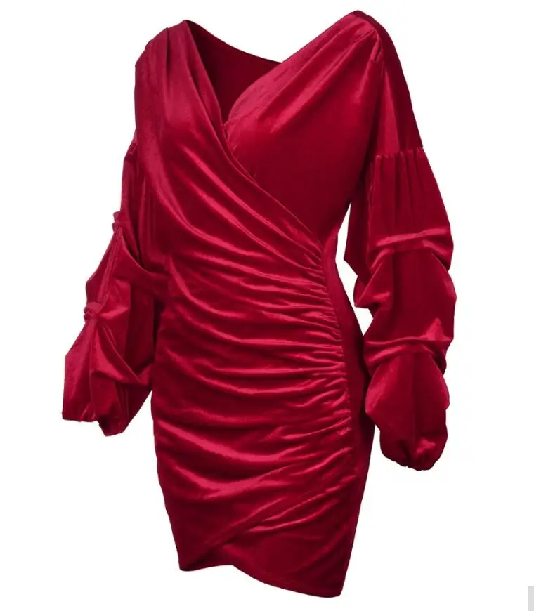 Elegant Lantern Sleeve Deep V Neck Cross Velvet Bodycon Dress ...