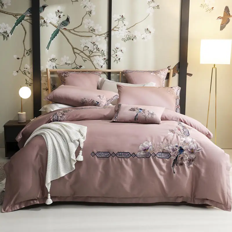 60s long staple cotton Bedding Set luxury embroidery Bed Light pink Duvet Cover Sheet Pillowcases Queen King size | Дом и сад