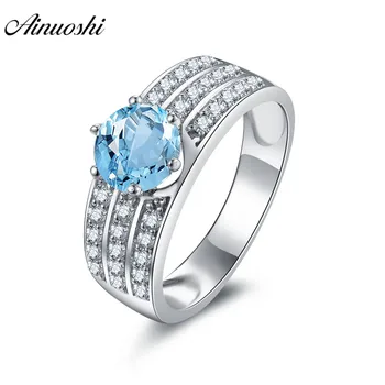 

AINUOSHI Natural Blue Topaz Ring Engagement Wedding Ring Wide Band 3 Rows Drill 1ct Round Cut 925 Sterling Silver Ring Jewelry
