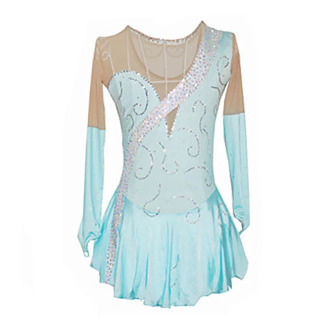 Cheap Customized Costume Ice Skating Figure Skating Dress Gymnastics Adult Child Girl Skirt Competition Light Blue Rhinestone Shiny