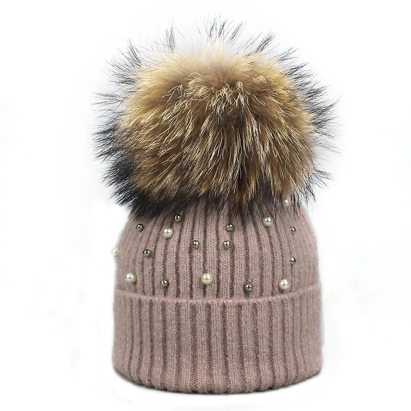 New Wool Beanies Women Real Natural Fur Pom Poms Fashion Pearl Knitted Hat Girls Female Beanie Cap Pompom Winter Hats for Women - Цвет: J