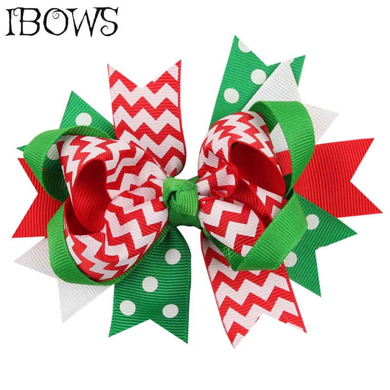 

5'' Girls Christmas Hair Bows Print Snow Layered Green Tree Hair Clips For Kids Festival Dots Hairpins Headwear Hair Accessories