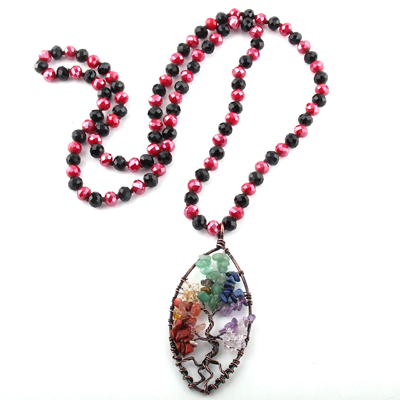

Fashion Glass Long Knotted Crystal Necklaces 7 Chakra Life Pendant Women Ethnic Necklace