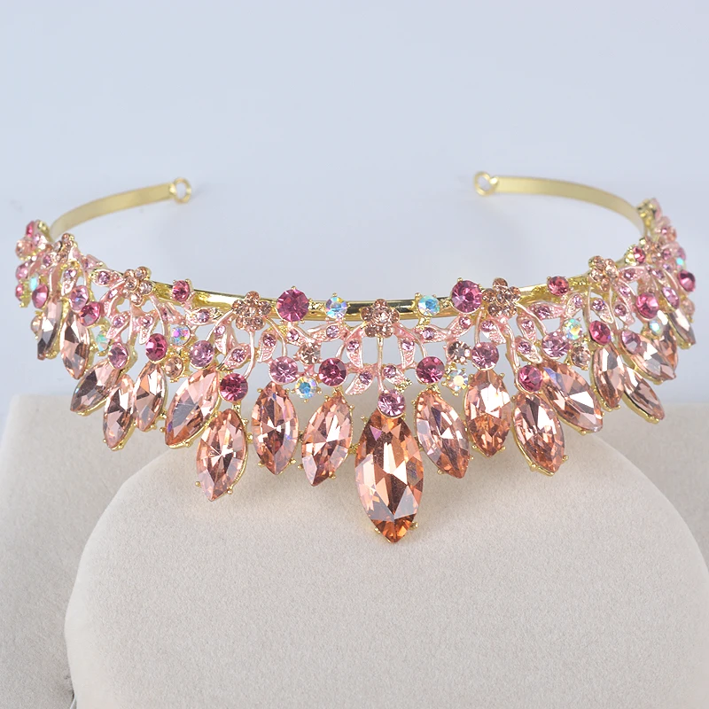 Fashion new peach color Wedding Hair tiara For Bride Crystal Rhinestones Women party Crowns Bridal