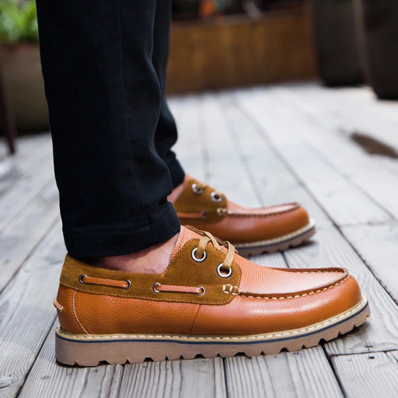 

Spring Autumn Fashion Low Top Mixed Colors Natural Genuine Leather Mens Boat Shoes Handmde Stitch No-Slip Rubber Outsole