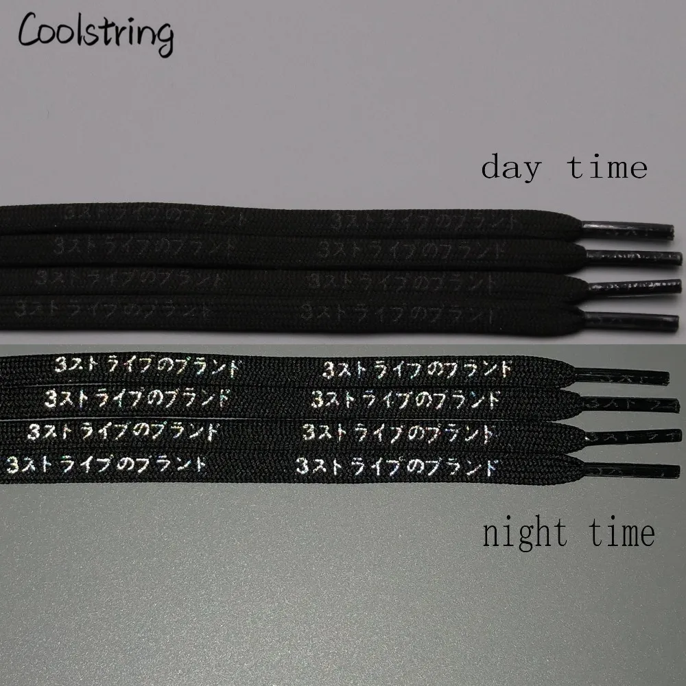 Coolstring Flat Printed Patterned White Black 3M Reflective Letter Japanese Shoelaces Flashy Bootlaces Patterns Dress Shoe Laces